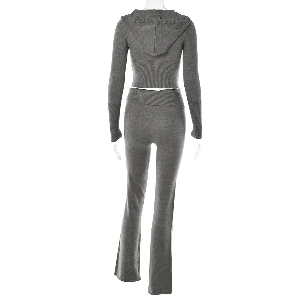 Knitted 2 Piece Sets Women Tracksuit Long Sleeve Zipper Hooded Sweater Crop Top Flare Pants Stretch Matching Suit Outfit