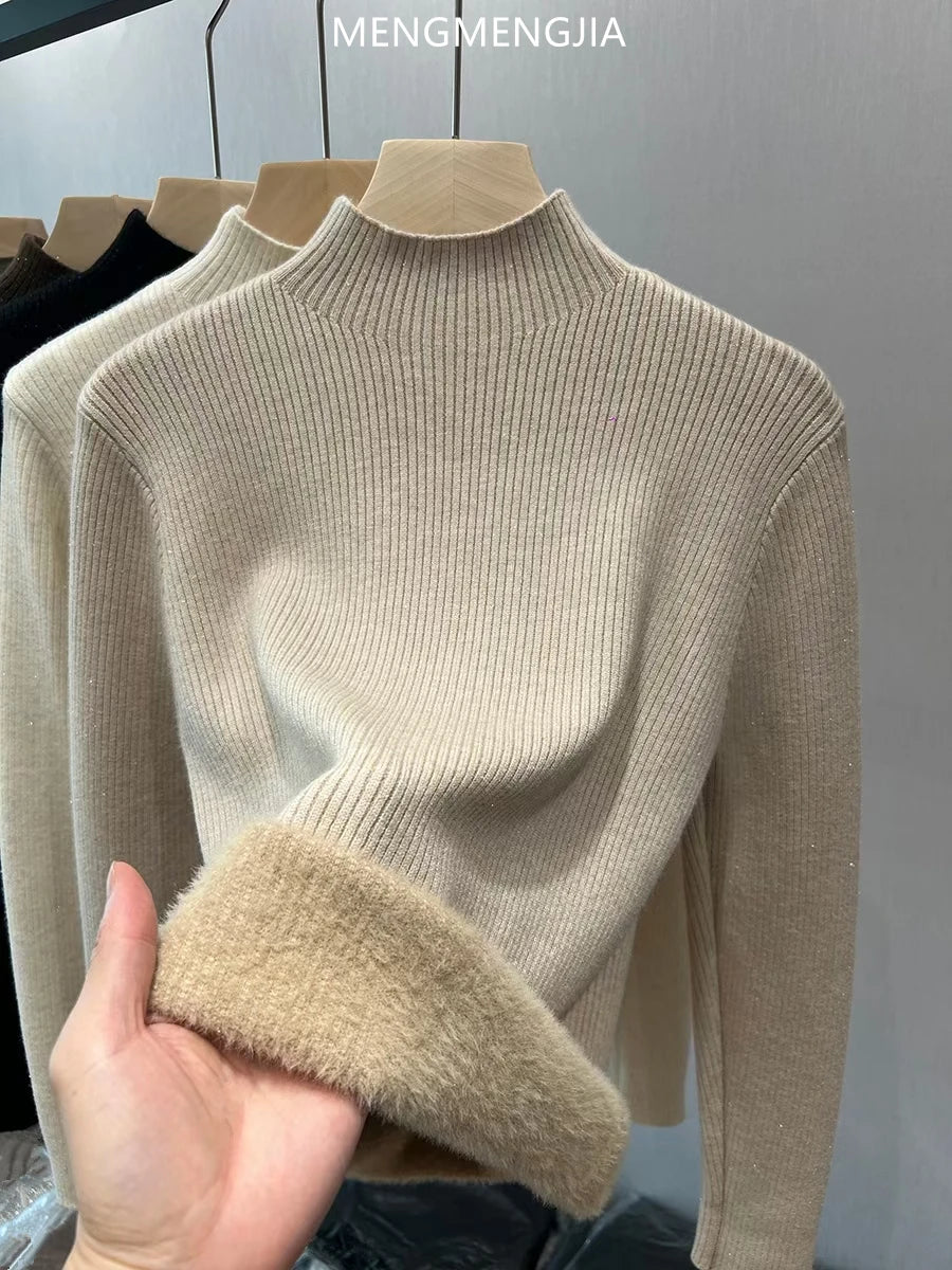 Velvet Lined Turtleneck Sweater - Warm Slim Knit Pullover