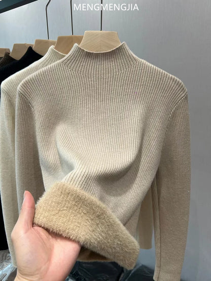 Velvet Lined Turtleneck Sweater - Warm Slim Knit Pullover
