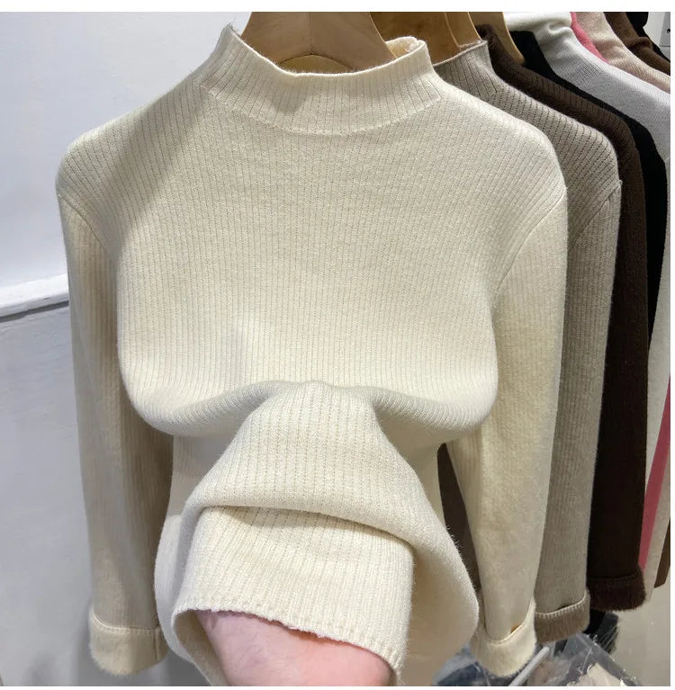 Velvet Lined Turtleneck Sweater - Warm Slim Knit Pullover