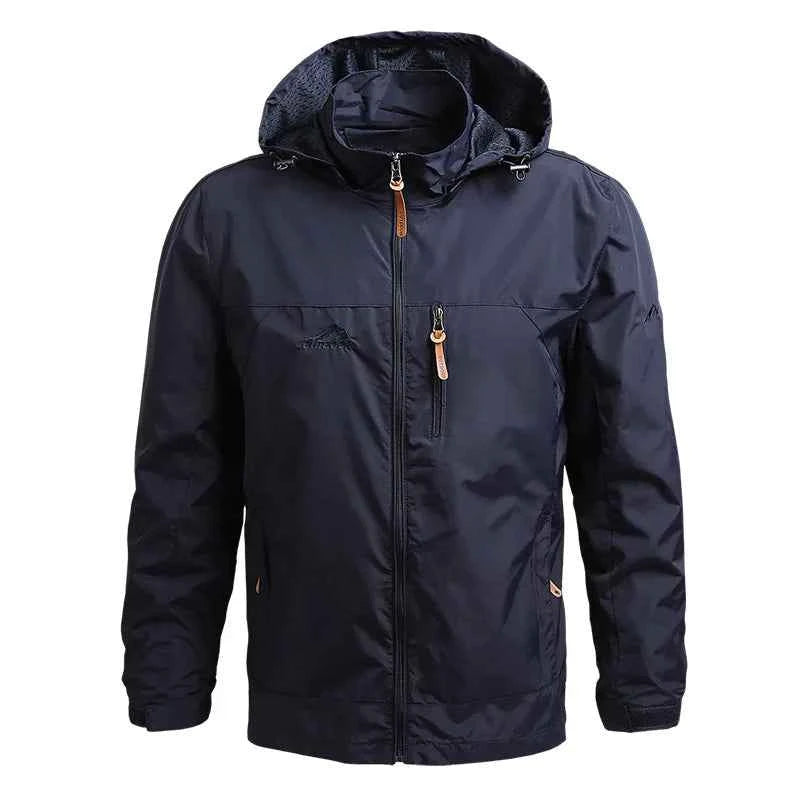 Navy outdoor windbreaker coat for men with adjustable hood and zippered pockets for versatile weather protection