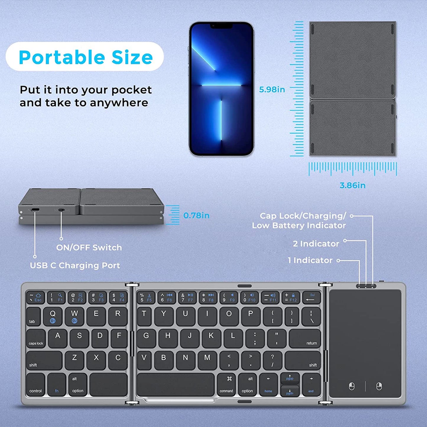 Foldable Wireless Bluetooth Keyboard Rechargeable Folding Portable Keyboards for PC Mac Smartphone Windows iOS Android