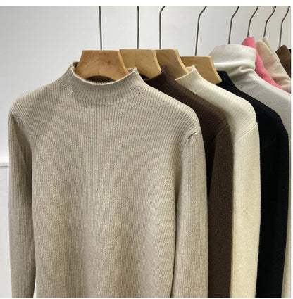 Velvet Lined Turtleneck Sweater - Warm Slim Knit Pullover