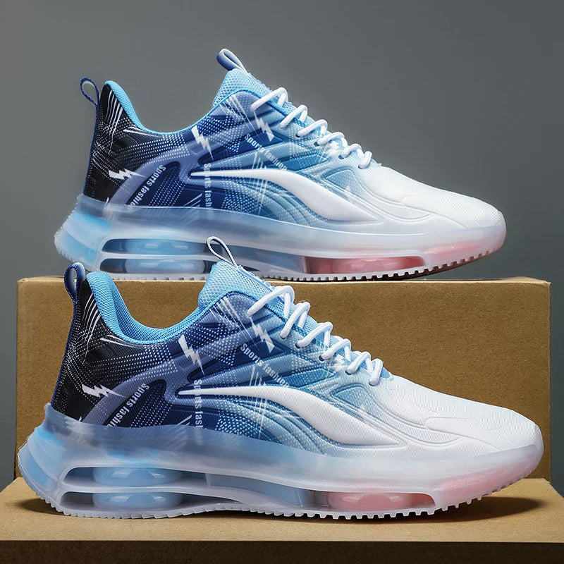 VaultHaus air cushion non slip athletic shoes in blue and white with breathable mesh upper and transparent sole