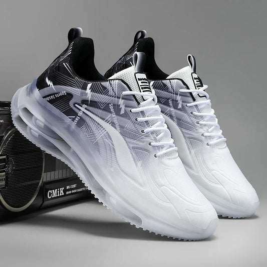 VaultHaus white and black air cushion non slip athletic shoes with modern design and breathable mesh