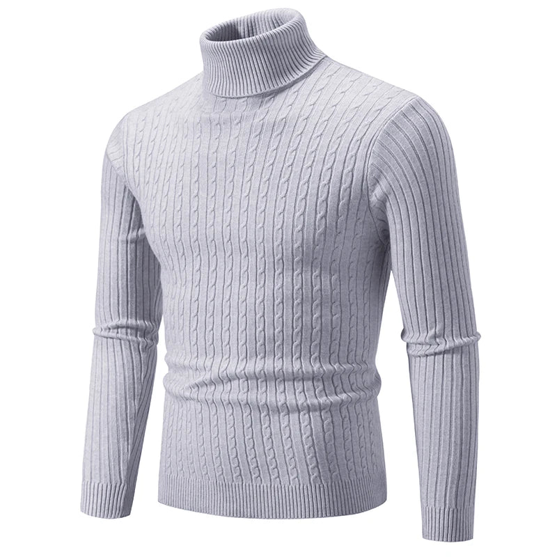 VaultHaus knitted turtleneck pullover for men in light gray with cable knit design and long sleeves