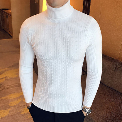 Stylish white knitted turtleneck pullover for men with ribbed texture and fitted silhouette