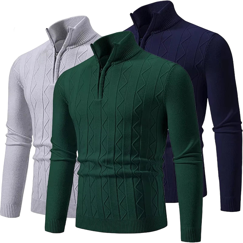 Three stylish men's quarter zip sweaters in grey, navy, and green with cable knit design