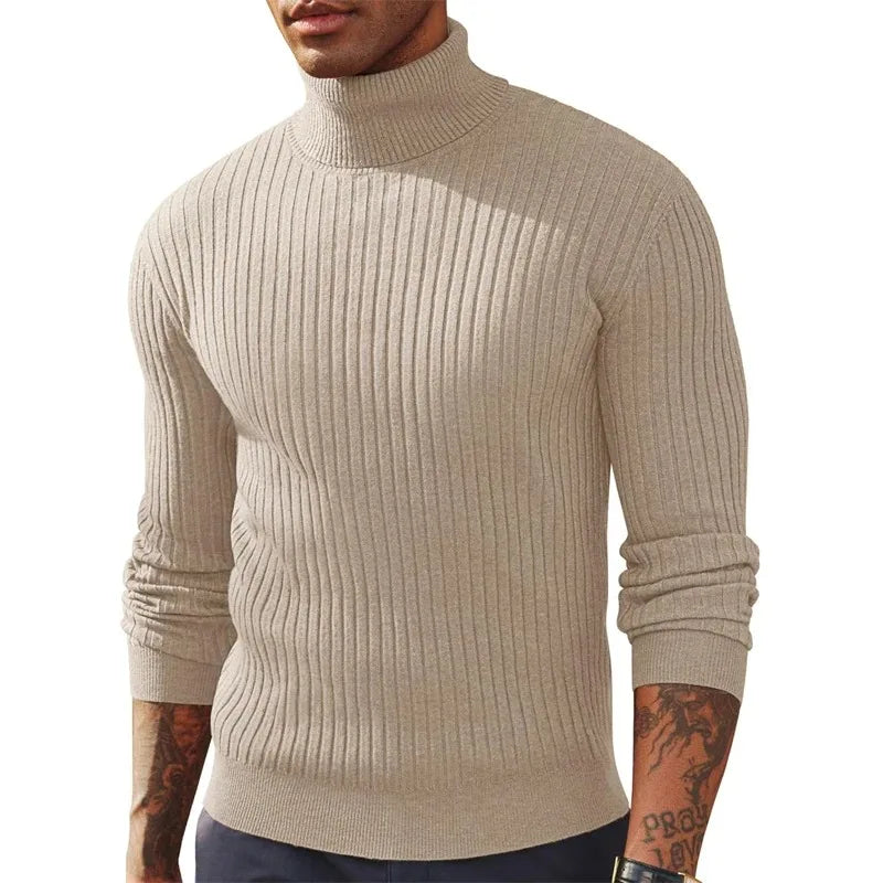 VaultHaus men's ribbed turtleneck jumper in beige, perfect for stylish winter layering
