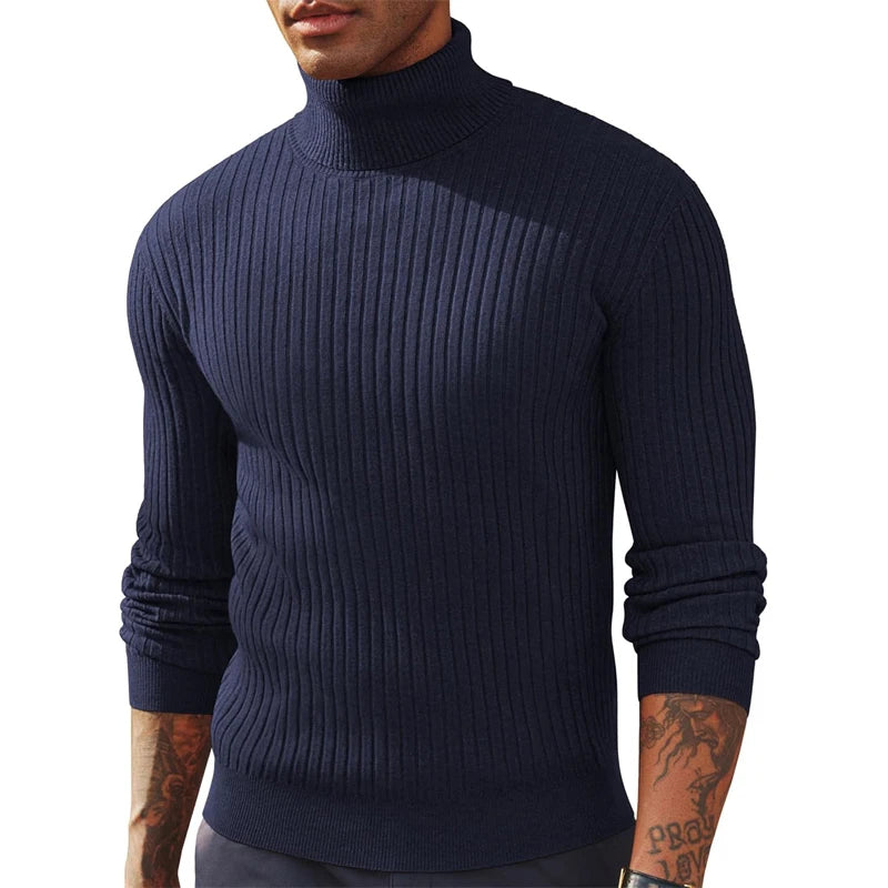 Men's ribbed turtleneck jumper from VaultHaus in navy blue for a stylish look