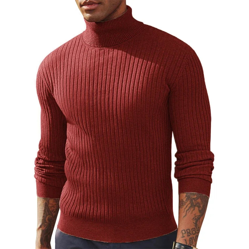 VaultHaus men's ribbed turtleneck jumper in burgundy, perfect for stylish winter layering