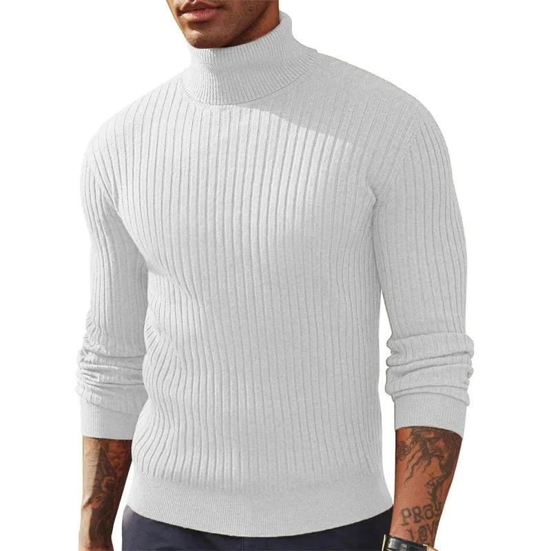 VaultHaus men's ribbed turtleneck jumper in light grey, perfect for stylish layering and comfort.