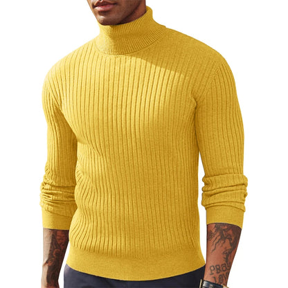 Stylish men's ribbed turtleneck jumper in mustard yellow for a modern casual look