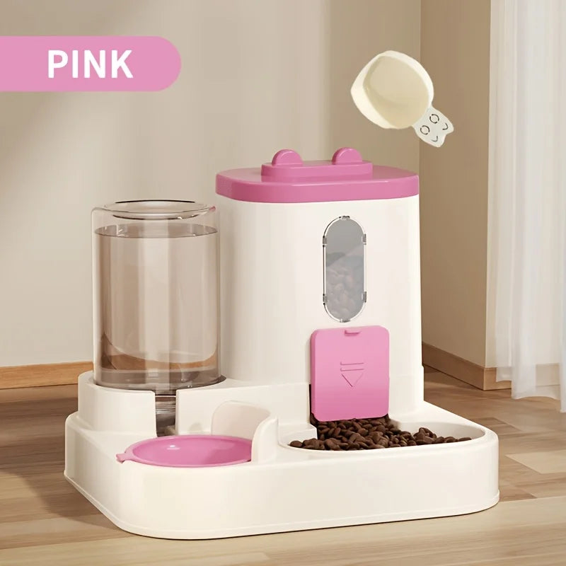Pink Automatic 2 in 1 Cat Food and Water Dispenser with a stylish design and easy access for pets