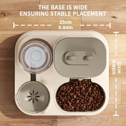 Automatic 2 in 1 Cat Food and Water Dispenser with stable base, featuring dry food and water compartments