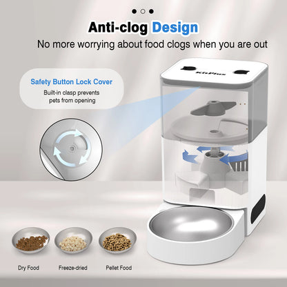 VaultHaus Automatic Cat or Dog Feeder, APP Control with Timer featuring anti-clog design and safety button lock