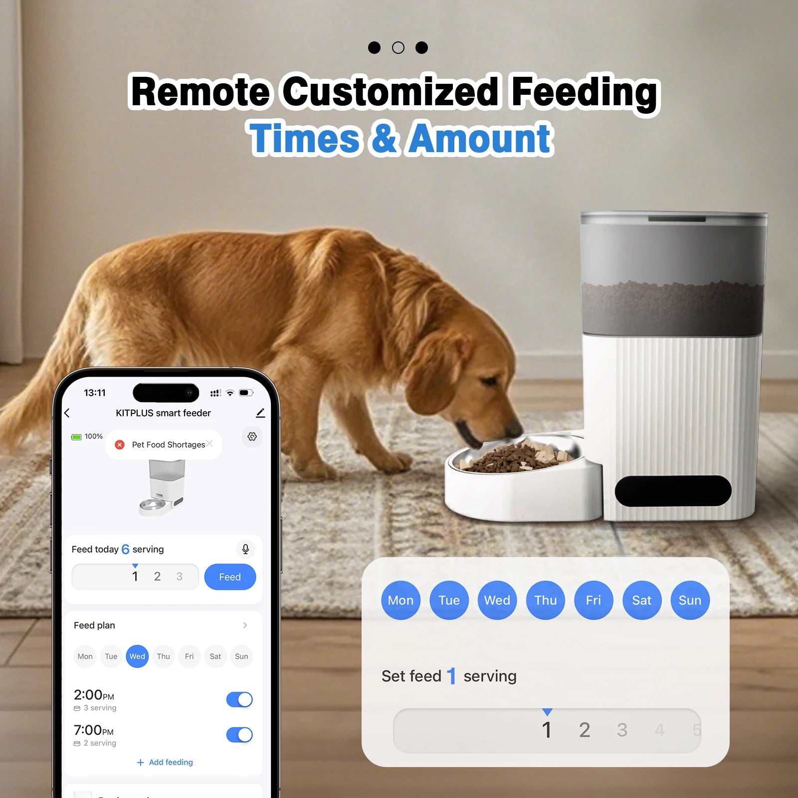 Automatic Cat or Dog Feeder, APP Control with Timer, showing feeding schedule and pet enjoying meal