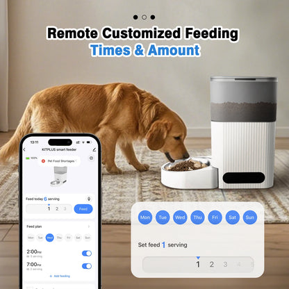 Automatic Cat or Dog Feeder, APP Control with Timer, showing feeding schedule and pet enjoying meal