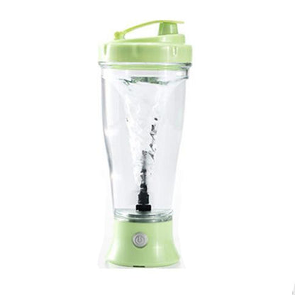 VaultHaus green automatic protein shaker bottle with clear body and power button for mixing shakes