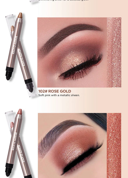 VaultHaus dual-ended highlighter eyeshadow pencil pearlescen in rose gold showing soft metallic pink eye makeup