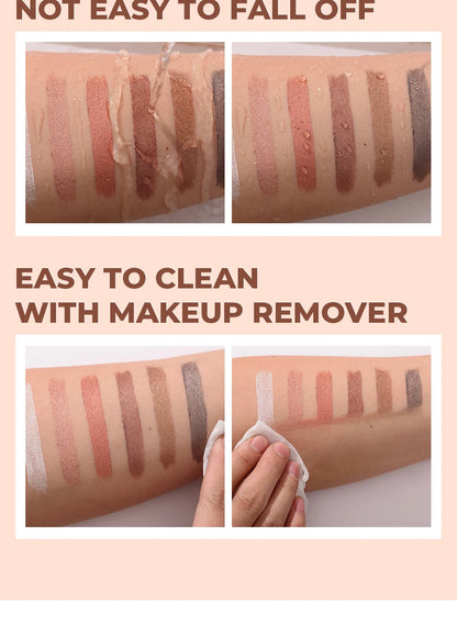 Swatches of dual-ended highlighter eyeshadow pencil pearlescen on arm showing water resistance and easy makeup remover cleaning