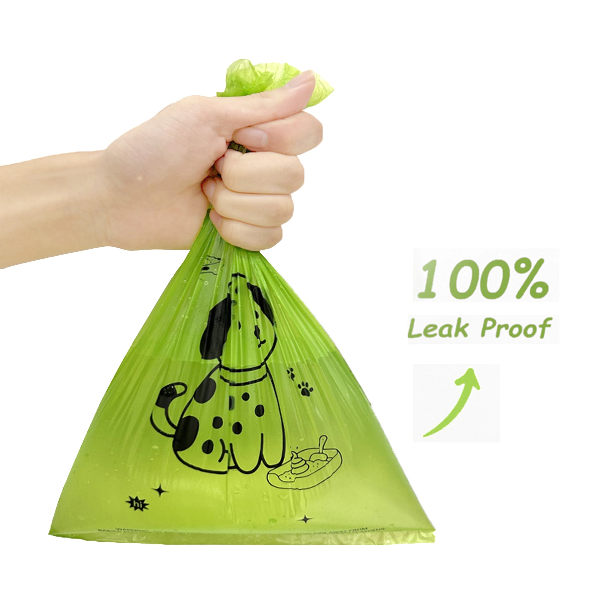 Biodegradable dog poop bags in green, 100% leak proof with playful dog graphic for eco-friendly pet waste disposal