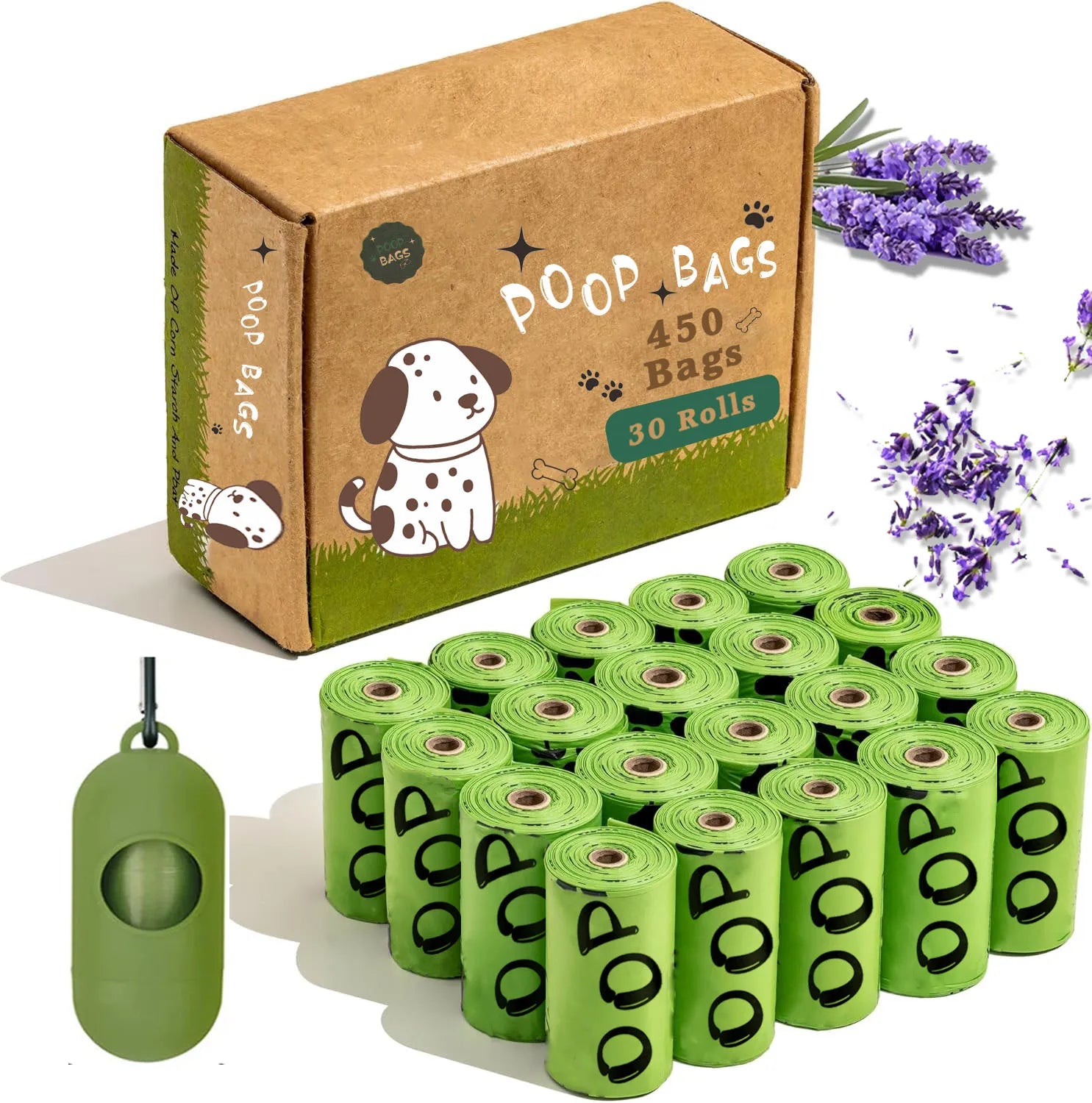 Biodegradable dog poop bags in a pack of 450 with lavender scent for eco-friendly pet waste disposal