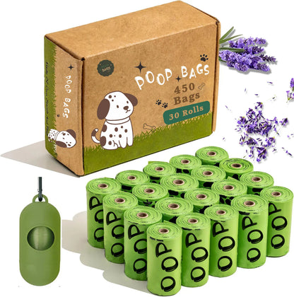 Biodegradable dog poop bags in a pack of 450 with lavender scent for eco-friendly pet waste disposal