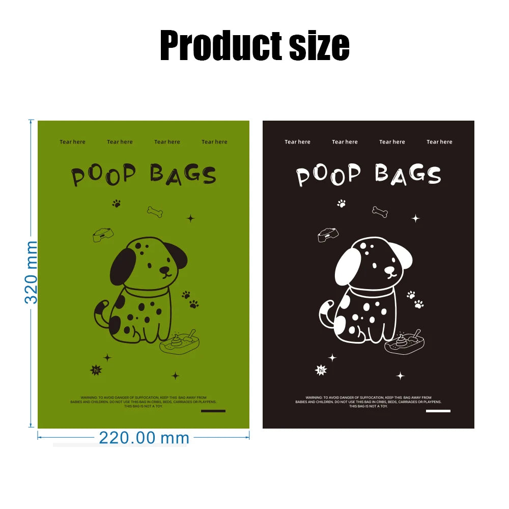 Biodegradable dog poop bags in green and black with cute dog design for eco-friendly pet waste disposal