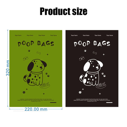 Biodegradable dog poop bags in green and black with cute dog design for eco-friendly pet waste disposal