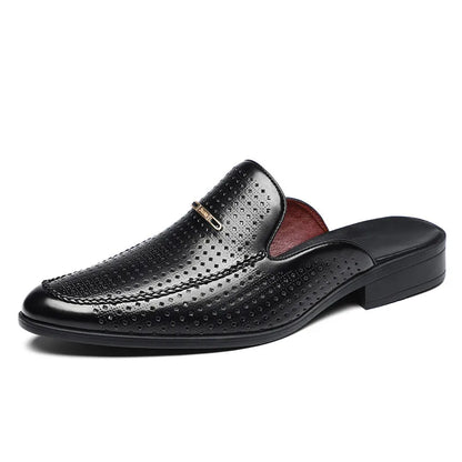 VaultHaus breathable patent leather mules in black with perforated detailing and slip-on design