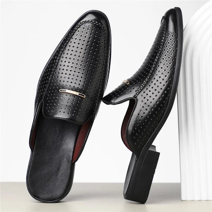 VaultHaus breathable patent leather mules in black with perforated design and low heel
