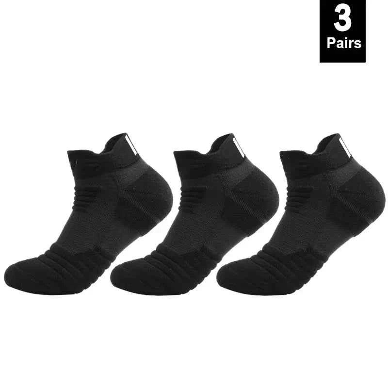 Set of three black breathable anti-slip cotton sports socks for men with cushioned sole for comfort