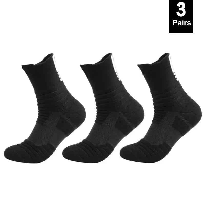 Three pairs of breathable anti-slip cotton sports socks for men in black, designed for comfort and performance