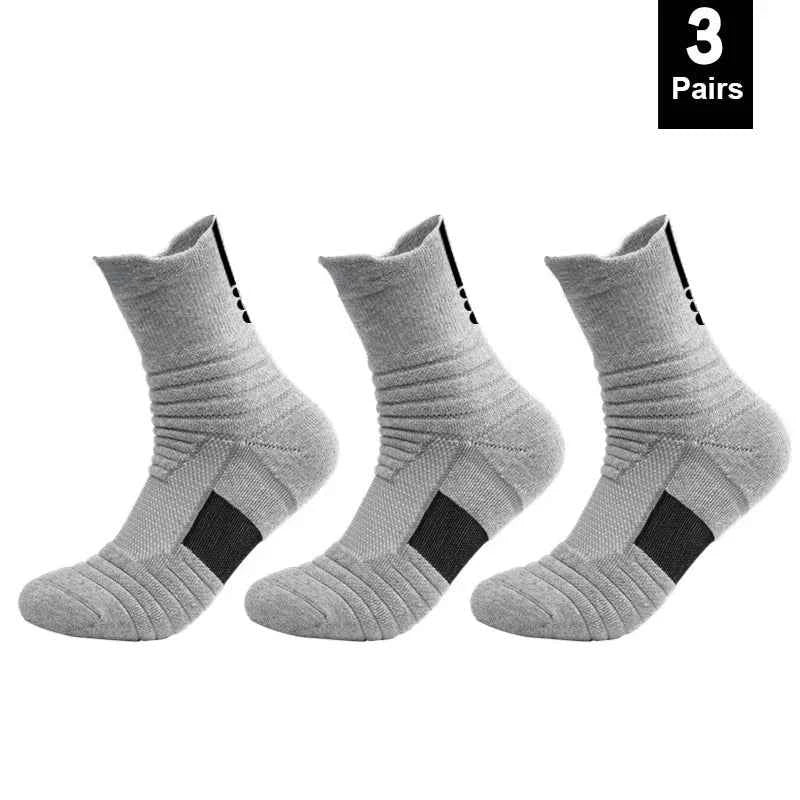 Three pairs of breathable anti-slip cotton sports socks for men in grey designed for comfort and performance