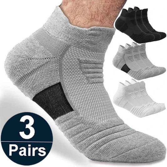 VaultHaus breathable anti-slip cotton sports socks for men in grey, white, and black, featuring comfortable fit