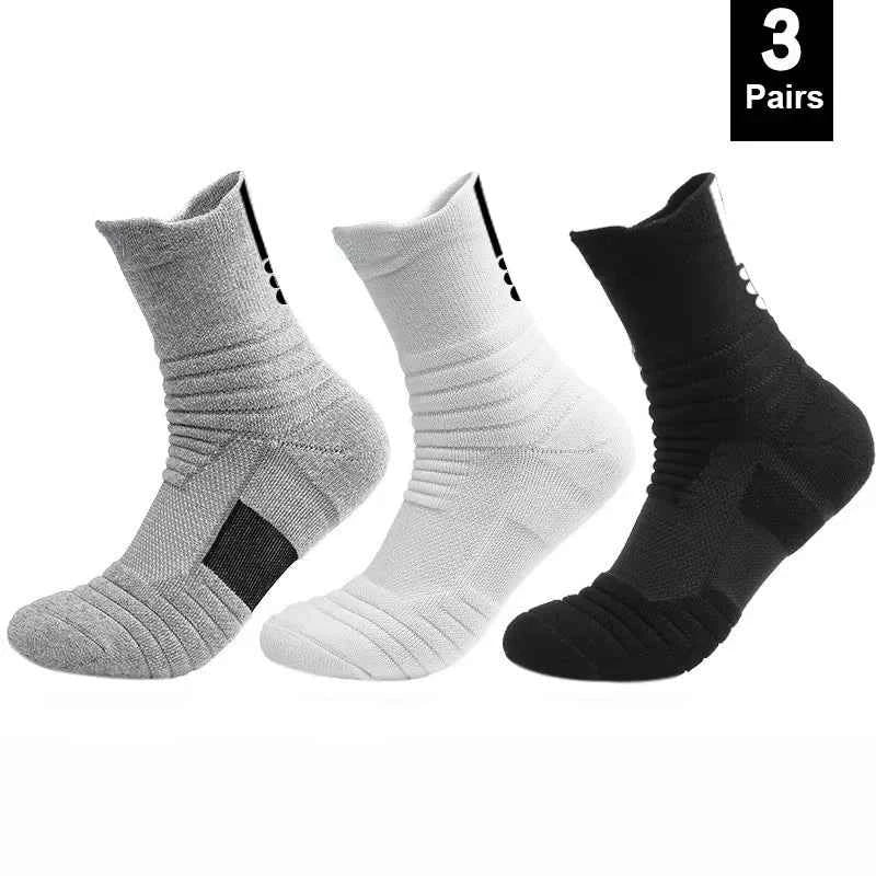 Three pairs of breathable anti-slip cotton sports socks for men in grey, white, and black