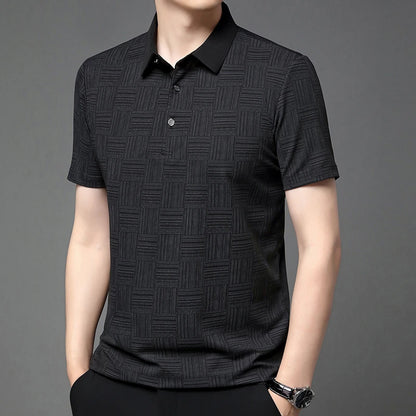 VaultHaus sleek black business casual polo for men with textured pattern and contrasting collar