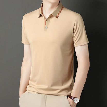 Tan VaultHaus business casual polo top with a stylish collar and slim fit for versatile wear