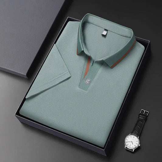 Stylish VaultHaus business casual polo top neatly packaged in a black gift box with a watch