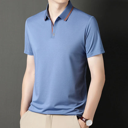 Stylish VaultHaus business casual polo top in blue with contrast collar for modern office wear