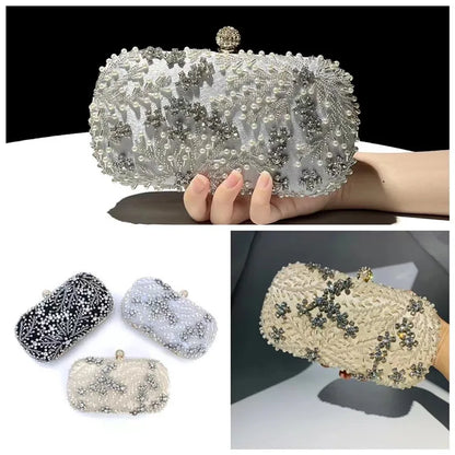 Pearl embellished evening clutch bag by VaultHaus in white and black with intricate beadwork and floral designs