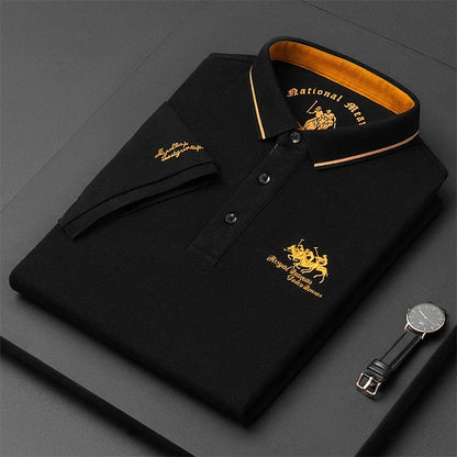 Stylish black comfortable men's polo top with contrasting collar and embroidered logo