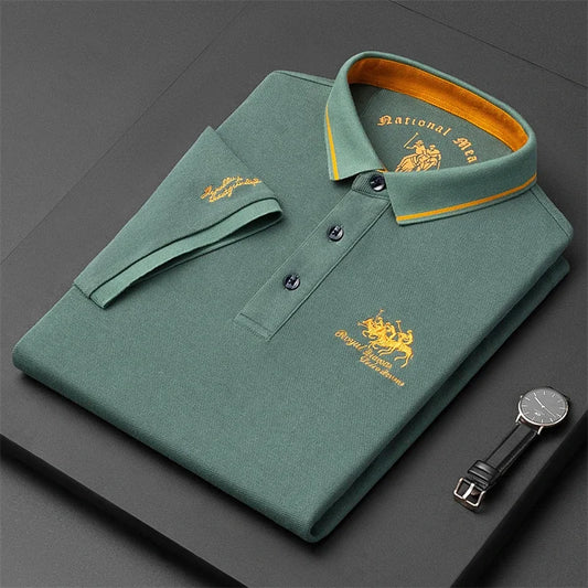 Stylish green comfortable men's polo top by VaultHaus with embroidered logo and contrasting collar