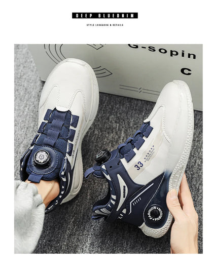 Comfortable non slip lace up men's sneakers in white and navy blue by VaultHaus