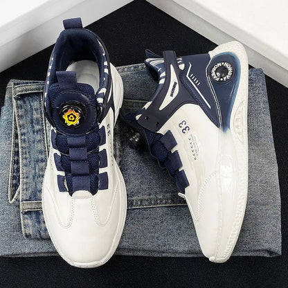VaultHaus comfortable non slip lace up men's sneakers in white and navy on folded denim jeans