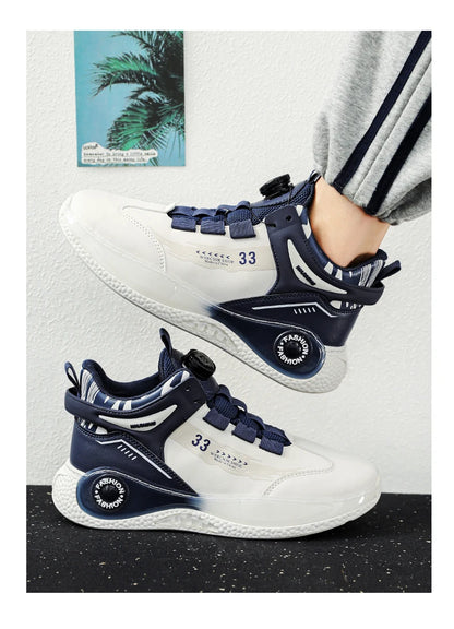 VaultHaus comfortable non slip lace up men's sneakers in white and navy blue with modern design