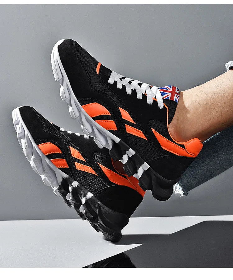 unisex walking sneakers in black and orange with stylish design and cushioned sole