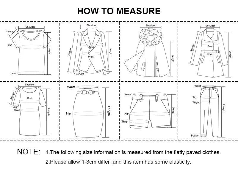 Size measurement guide for clothing with illustrations for the sexy off shoulder bodysuit and other garments