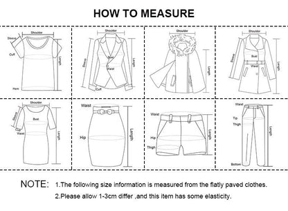 Size measurement guide for clothing with illustrations for the sexy off shoulder bodysuit and other garments